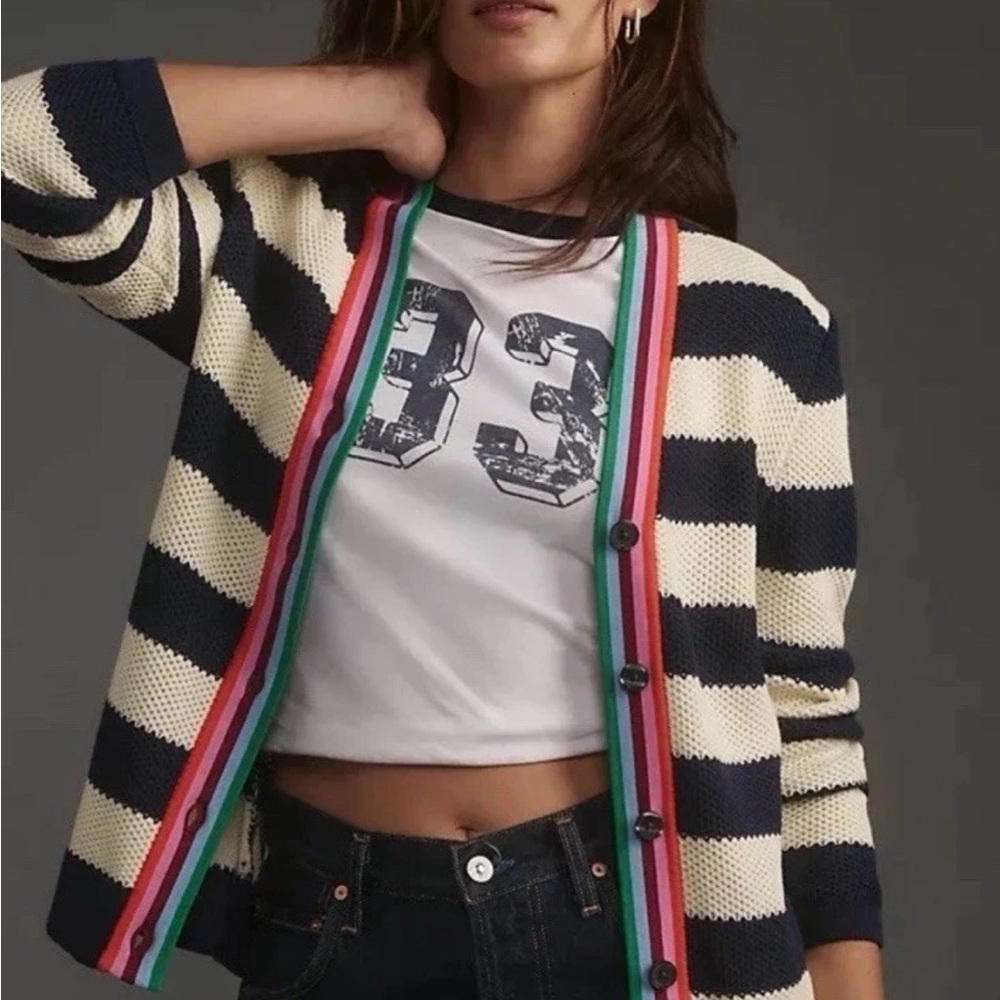 Kule Striped V-Neck Sweater Blue Size: XS